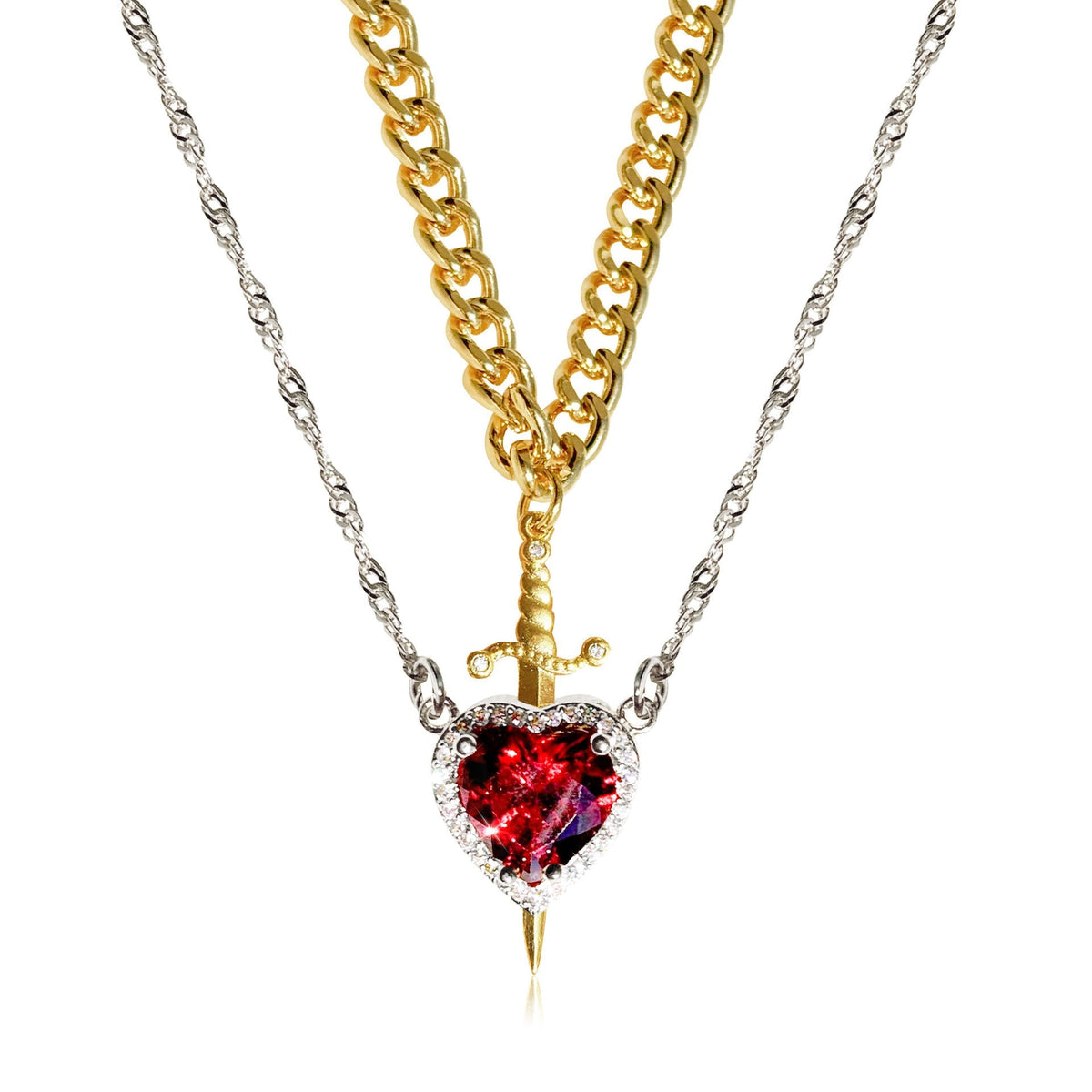 Conjunto de 2 collares para mujeres con colgantes de corazón y espada