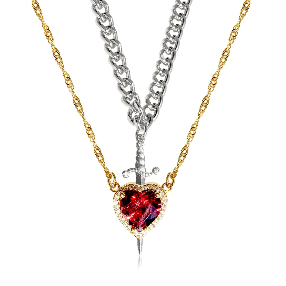 Conjunto de 2 collares para mujeres con colgantes de corazón y espada
