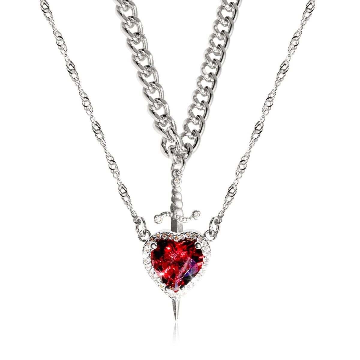 Conjunto de 2 collares para mujeres con colgantes de corazón y espada