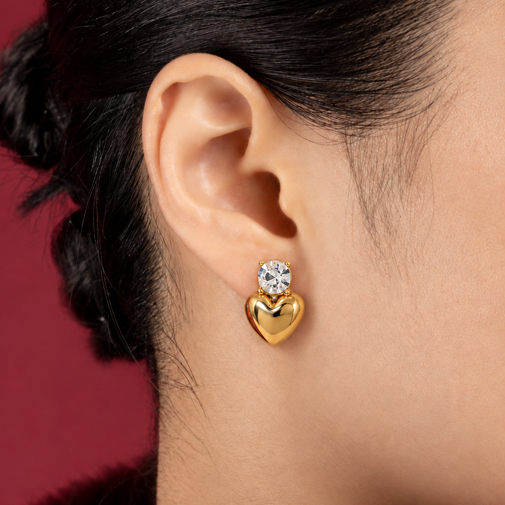 Pendientes de Corazón para Mujer con Acento de Piedra Redonda y Colgante de Corazón Pulido