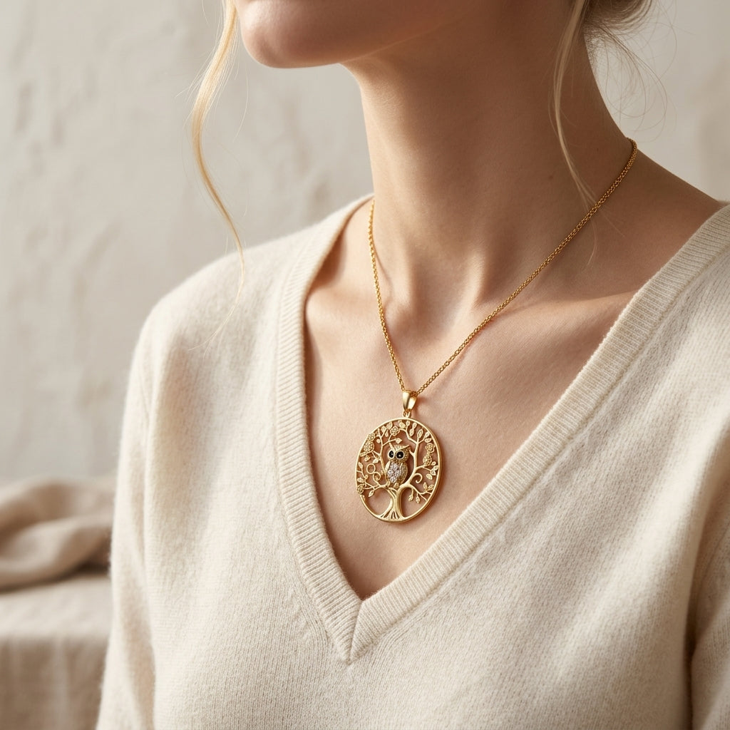 Collar con Colgante para Mujeres con Motivo de Árbol de la Vida y Búho