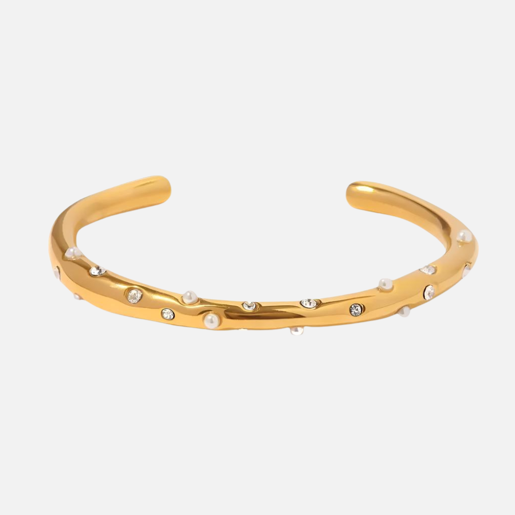 Pulsera Abierta de Mujer con Diseño de Doble Cinta, Detalles de Perlas y Acentos de Piedra
