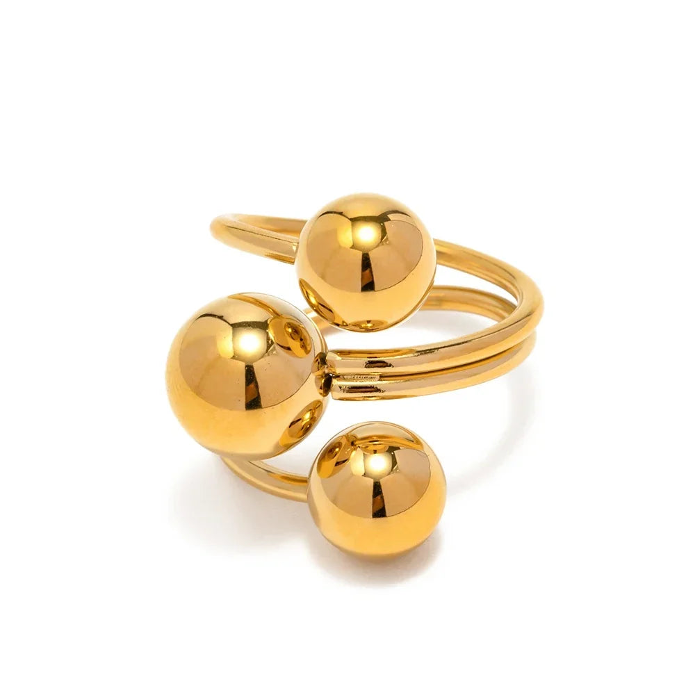 Anillo abierto ajustable para mujeres con diseño de tres esferas y estructura multibanda