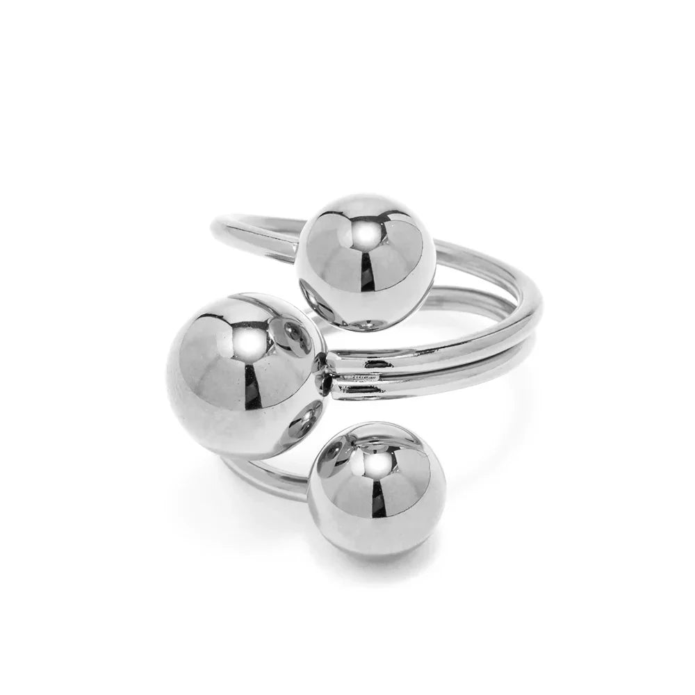 Anillo abierto ajustable para mujeres con diseño de tres esferas y estructura multibanda