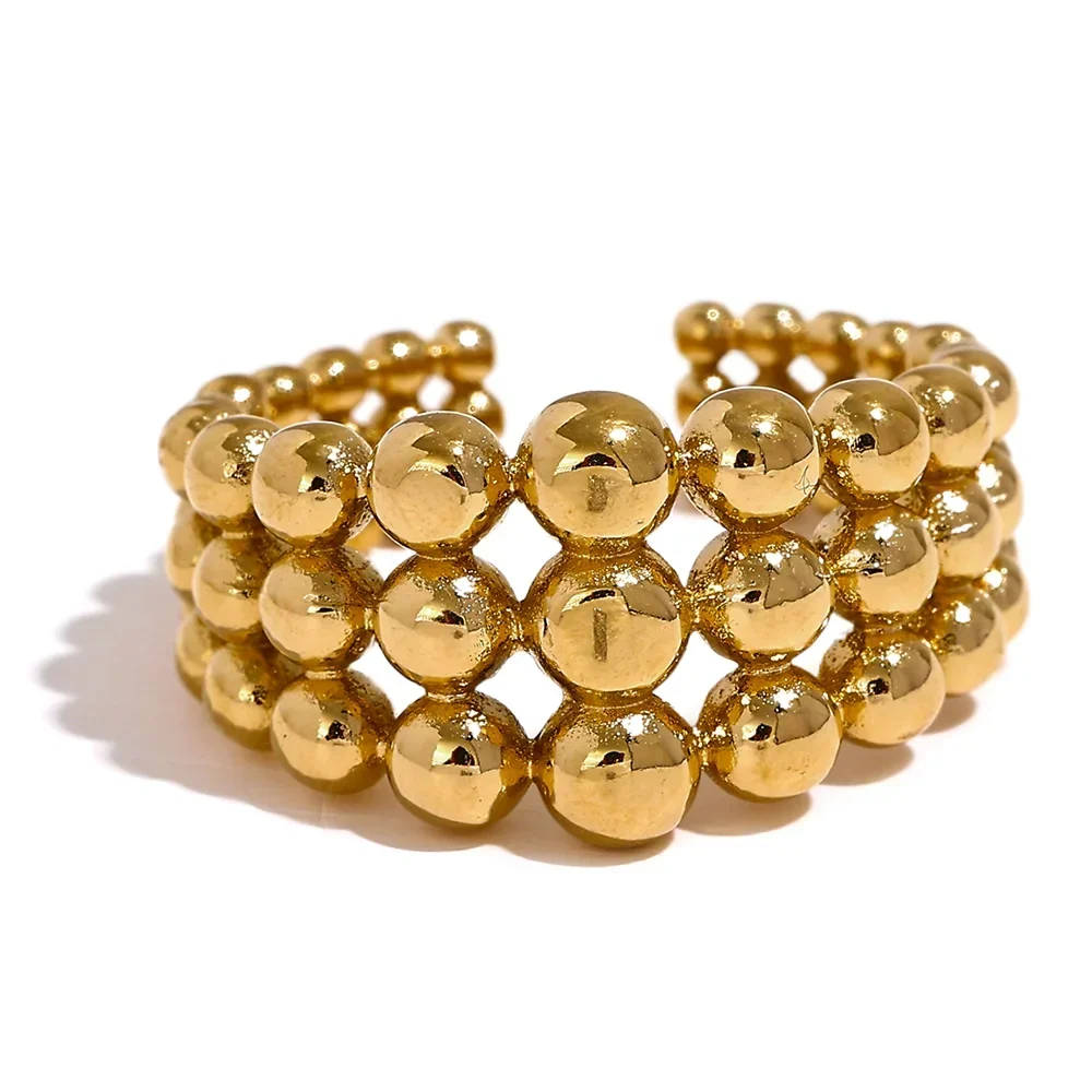 Anillo Ancho de Mujer con Detalles de Perlas en Capas y Superficie Pulida