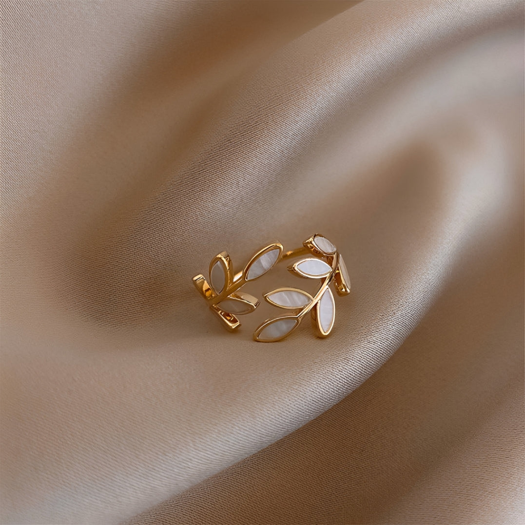 Anillo ajustable para mujeres con diseño de hojas y piedra decorativa