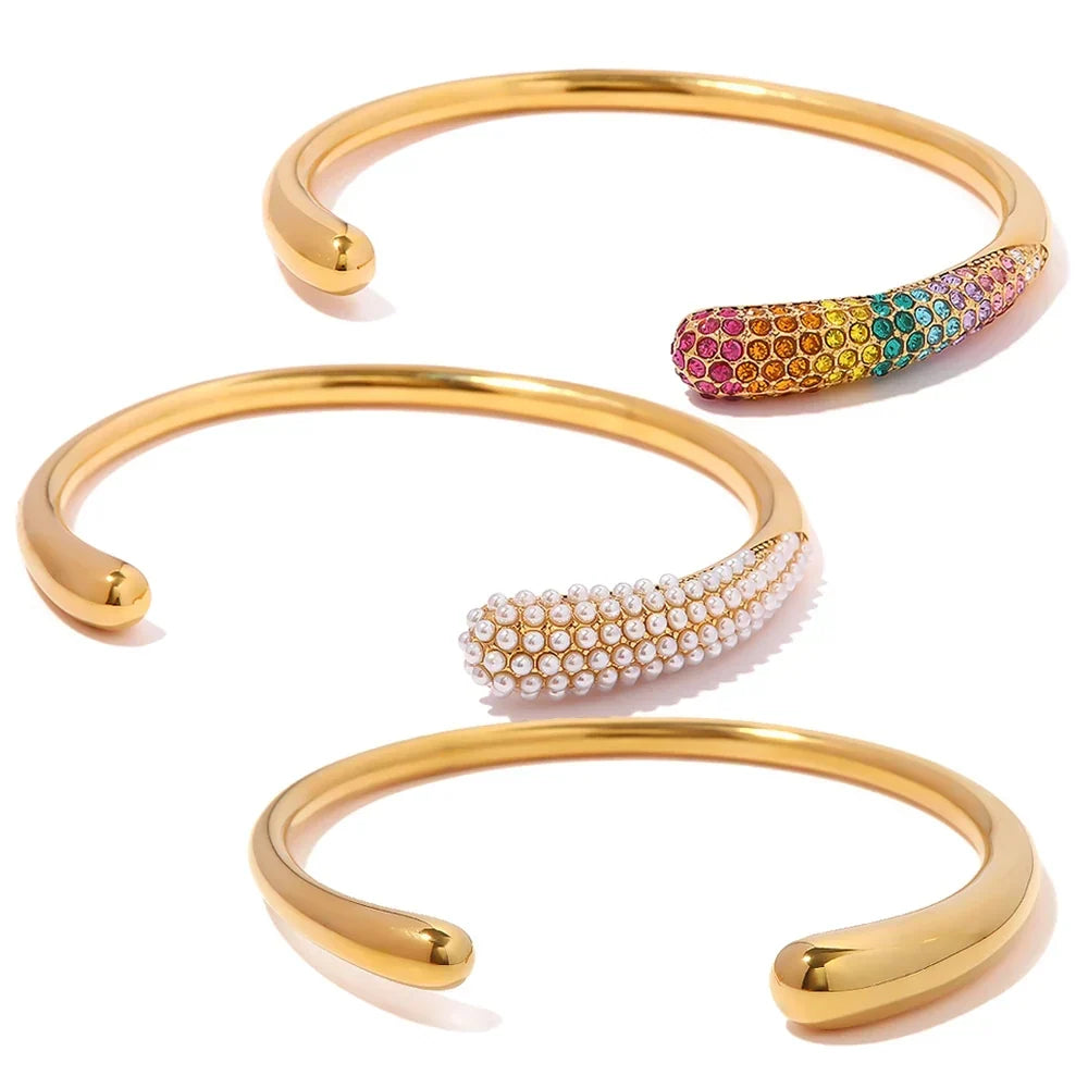 Pulsera Abierta para Damas con Extremos Asimétricos y Adornos de Piedras en Varias Filas