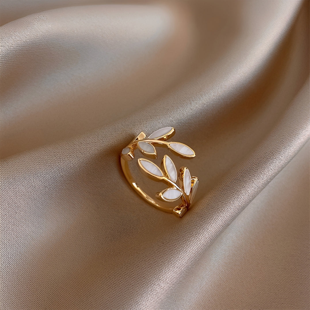 Anillo ajustable para mujeres con diseño de hojas y piedra decorativa