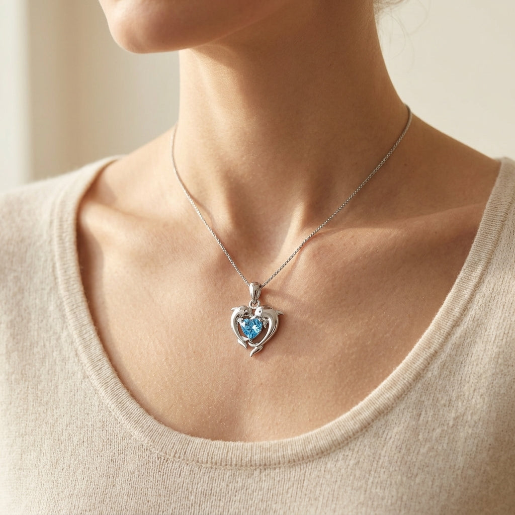 Collar con Colgante para Mujeres con Motivo de Delfines y Corazón Facetado