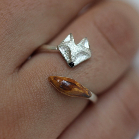Anillo ajustable de zorro de madera - Anillo de cara de zorro de plata