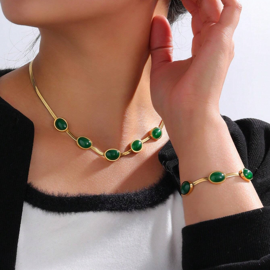 Vintage Jadestein - Intarsien-Halsband und -Armband