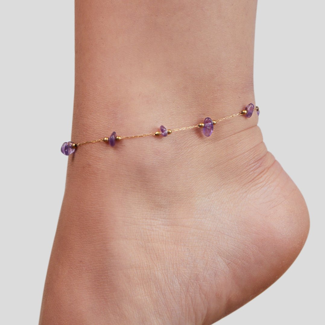 Damas Fino Pulsera de Pie con Perlas de Piedra Violetas y Cadena de Extensión