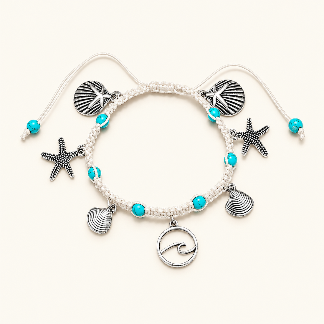 Pulsera de Pie Trenzada para Dama con Olas, Estrellas de Mar y Conchas