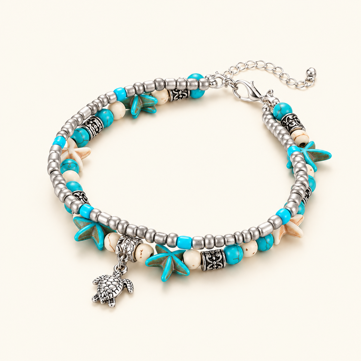 Damas Multicapa Pulsera de Pie con Motivos de Tortugas, Estrellas de Mar y Conchas