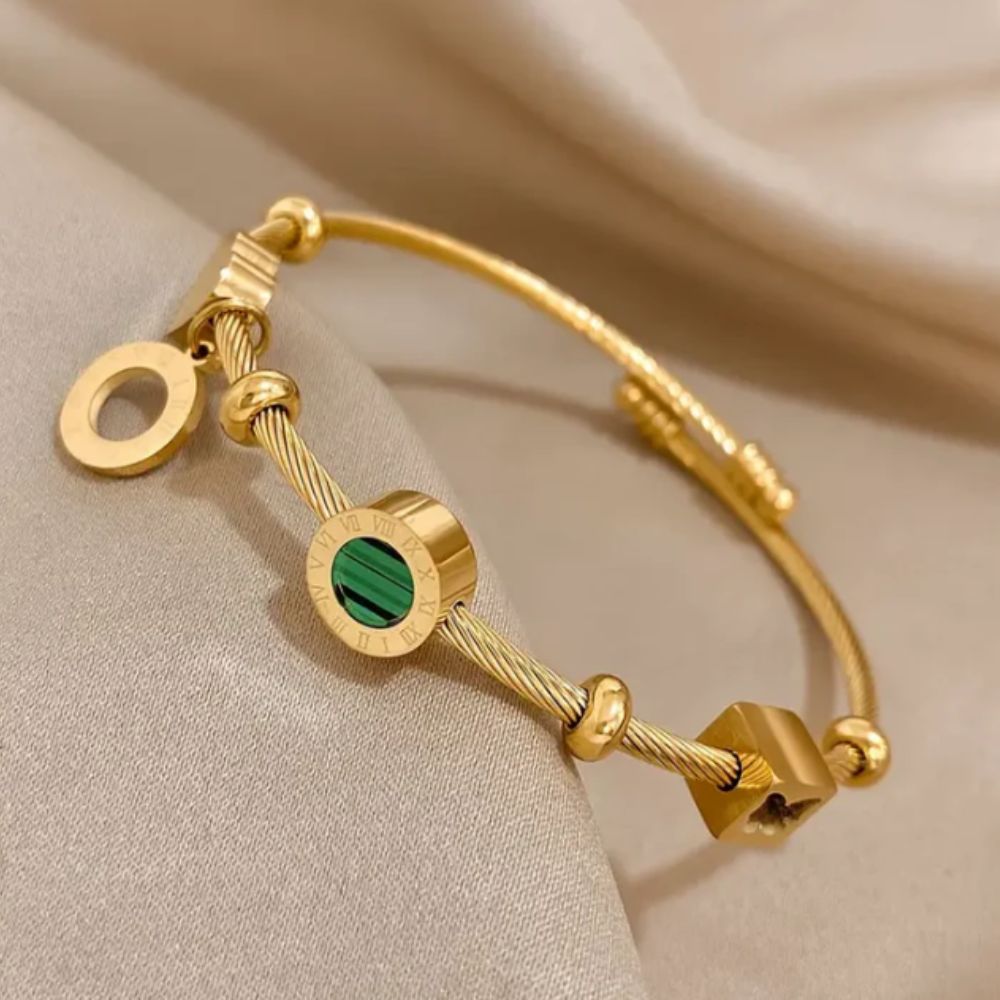 Pulsera Abierta para Damas con Centro Redondo y Estructura de Cable