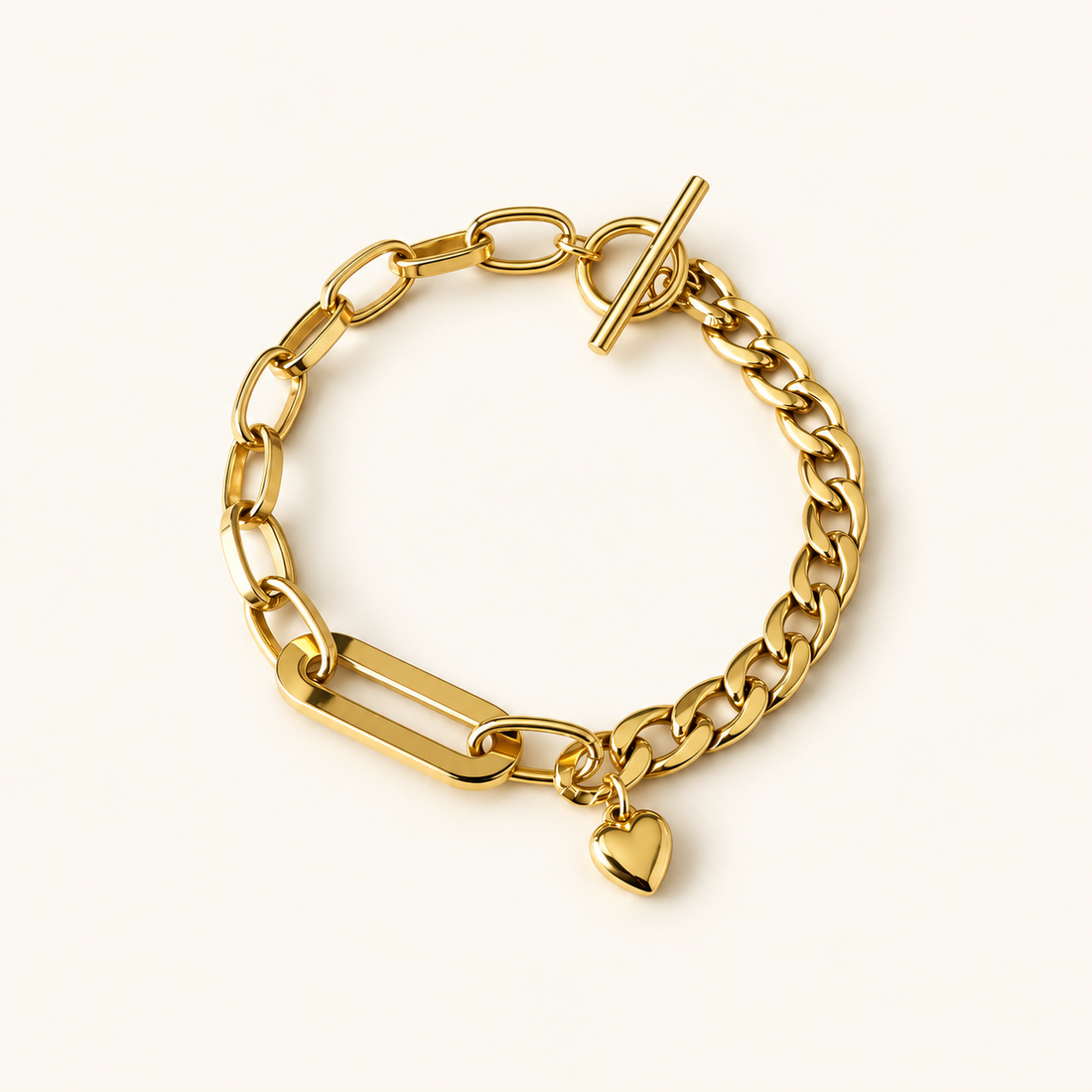 Pulsera de charms para mujeres con eslabones mixtos, colgante de corazón y cierre T-Bar