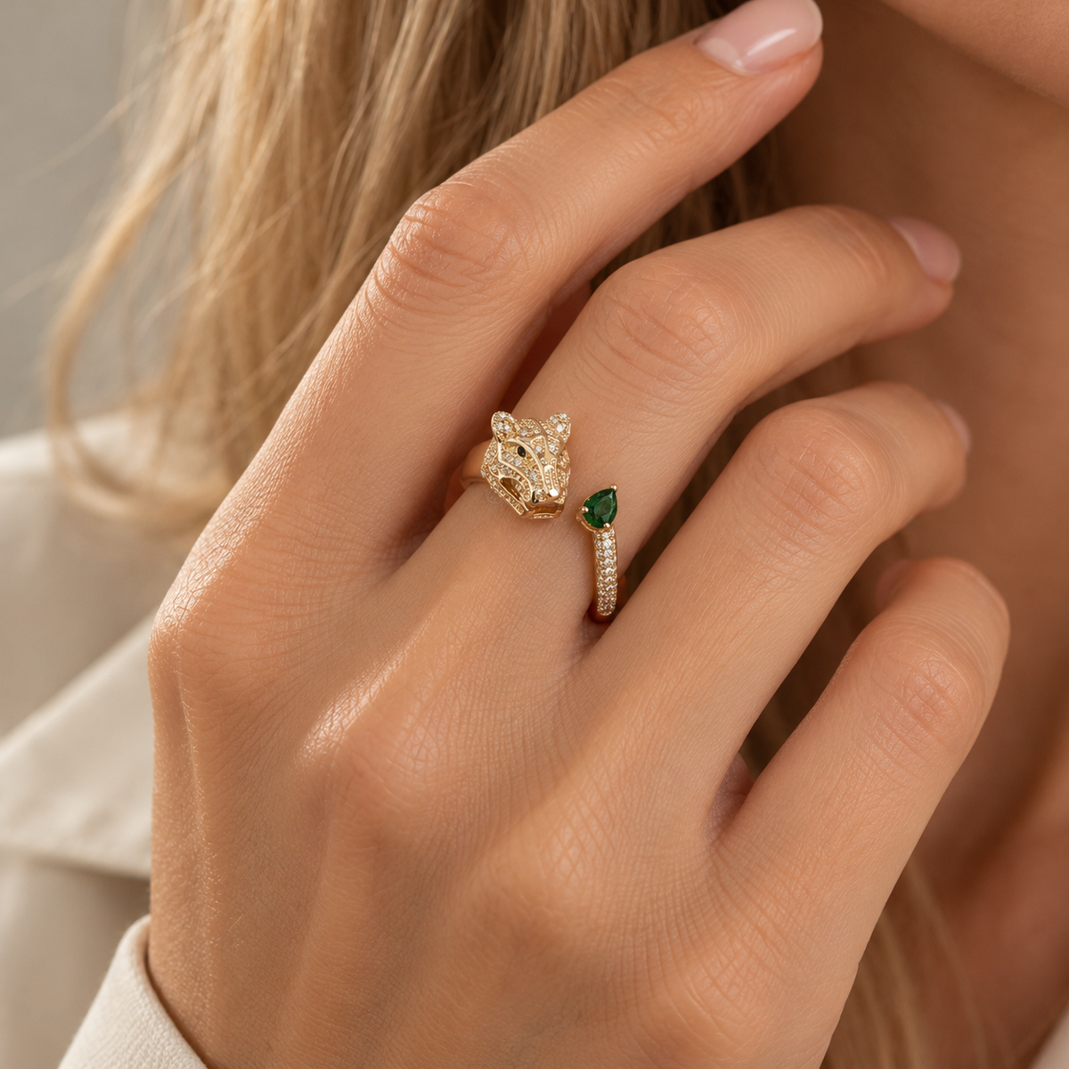 Dama Anillo Ajustable de Pantera con Motivo de Cabeza de Animal y Aciento de Piedra en Forma de Gota