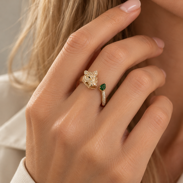 Dama Anillo Ajustable de Pantera con Motivo de Cabeza de Animal y Aciento de Piedra en Forma de Gota