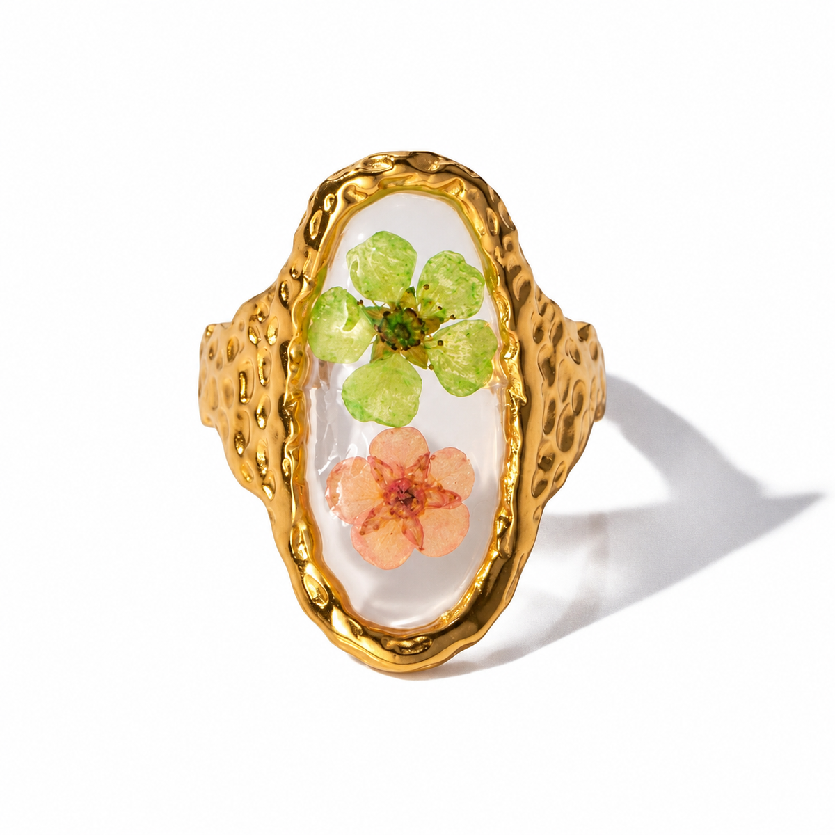 Anillo de Declaración Femenino con Motivo Floral y Inserción Transparente