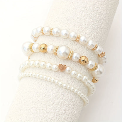 Elaine – Set de 4 Pulseras con Perlas Blancas Imitación