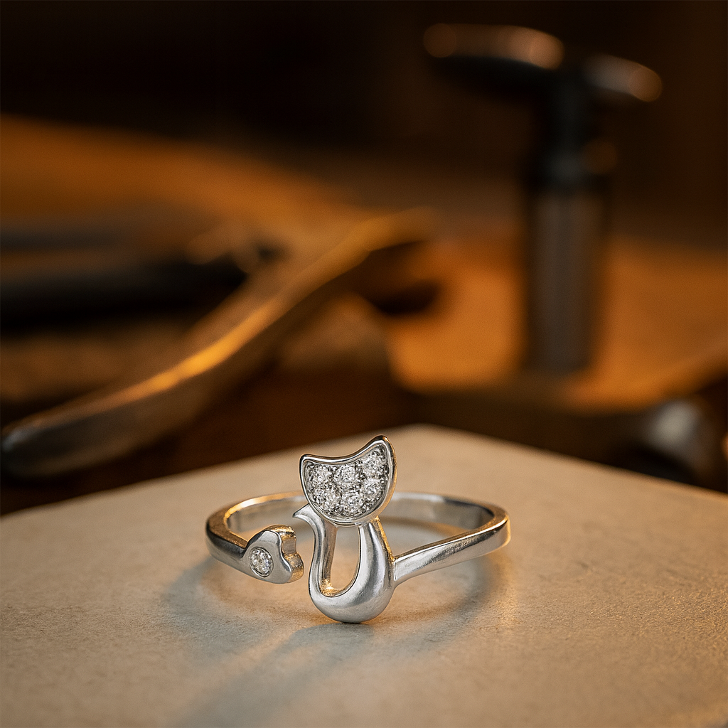 Khelani – Anillo Gato de Plata con Strass