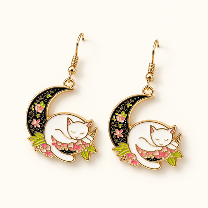 Aretes de mujer con gato en medio de la luna - Par