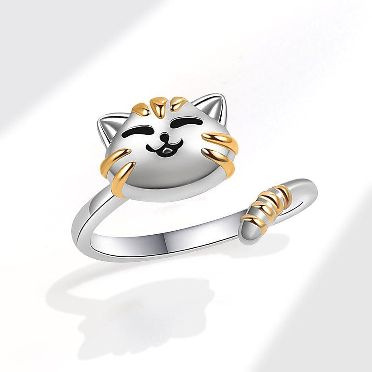Anillo Ajustable de Mujer con Motivo de Gato y Detalle de Cola Enrollada