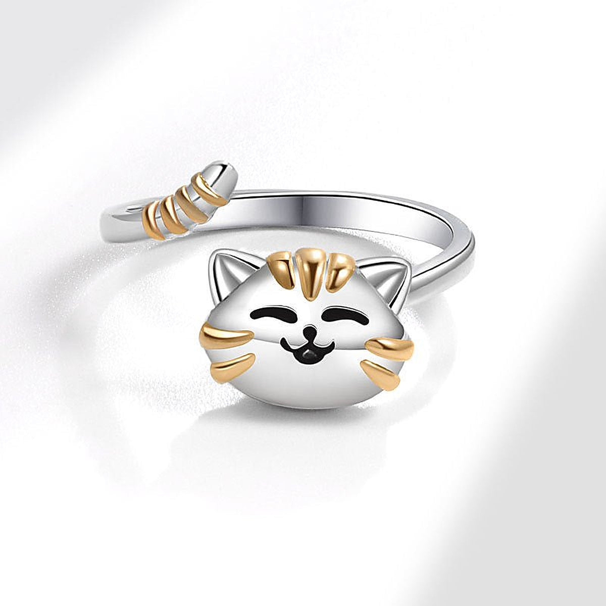 Anillo Ajustable de Mujer con Motivo de Gato y Detalle de Cola Enrollada