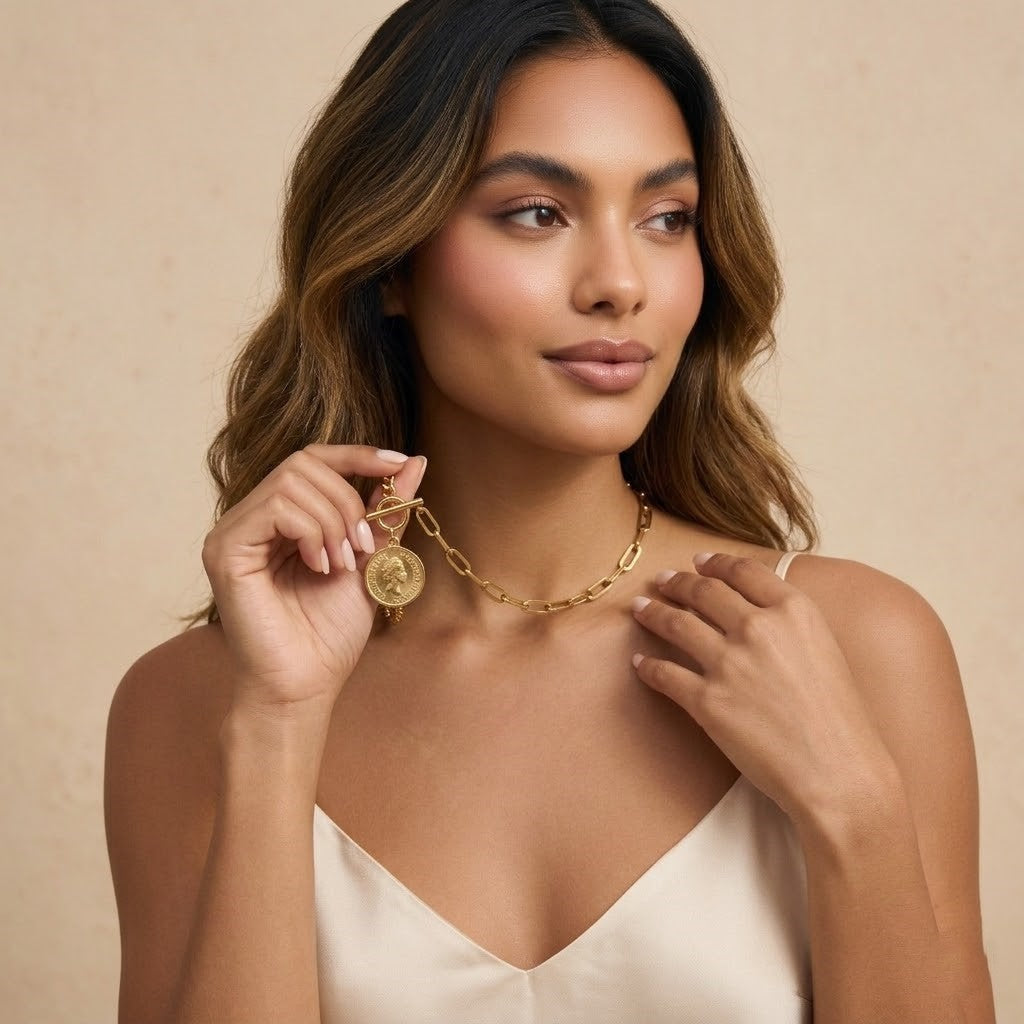 Collar con Colgante de Moneda de Damas con Diseño de Cadena Mixto y Cierre de Bola