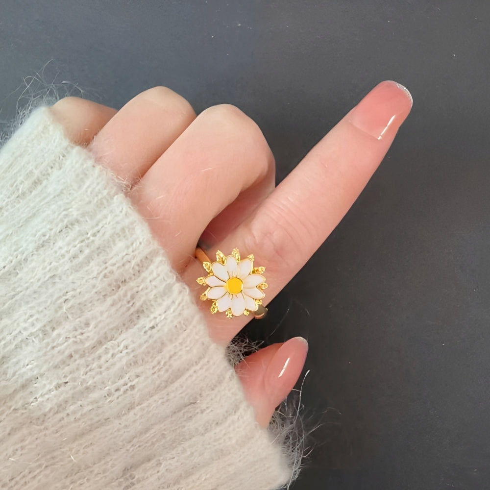 Dama Anillo Ajustable con Motivo de Margarita y Detalles de Hojas