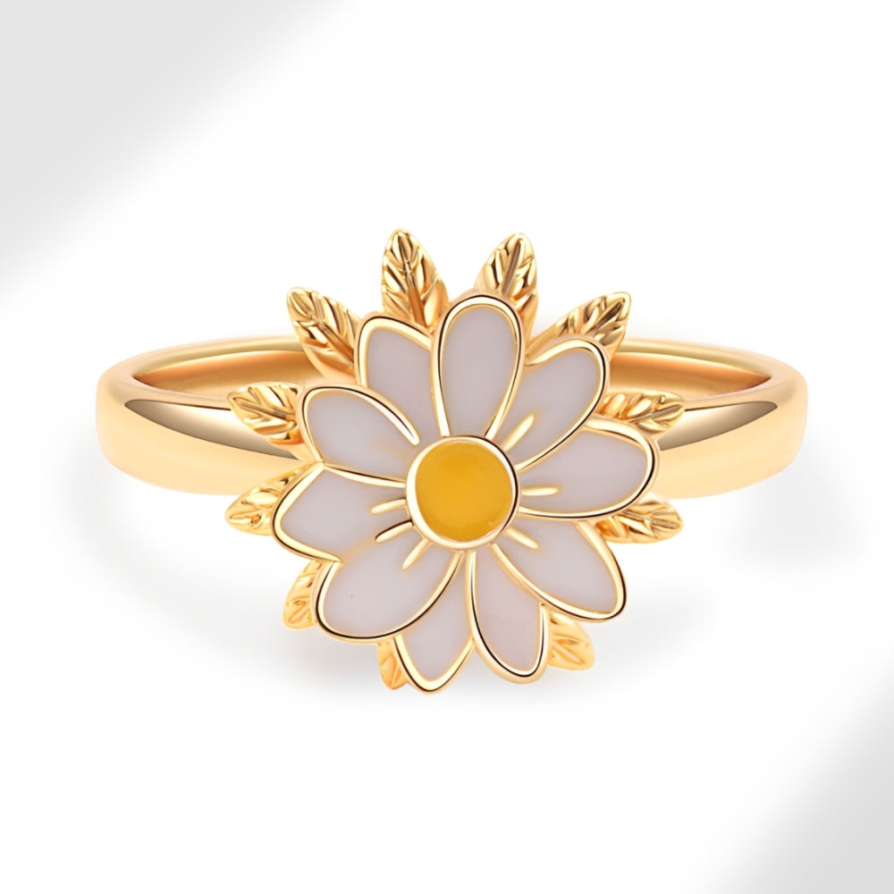 Dama Anillo Ajustable con Motivo de Margarita y Detalles de Hojas