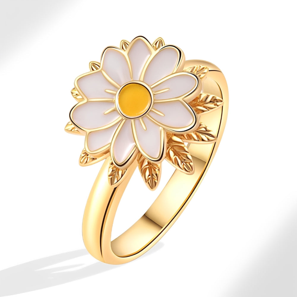Dama Anillo Ajustable con Motivo de Margarita y Detalles de Hojas