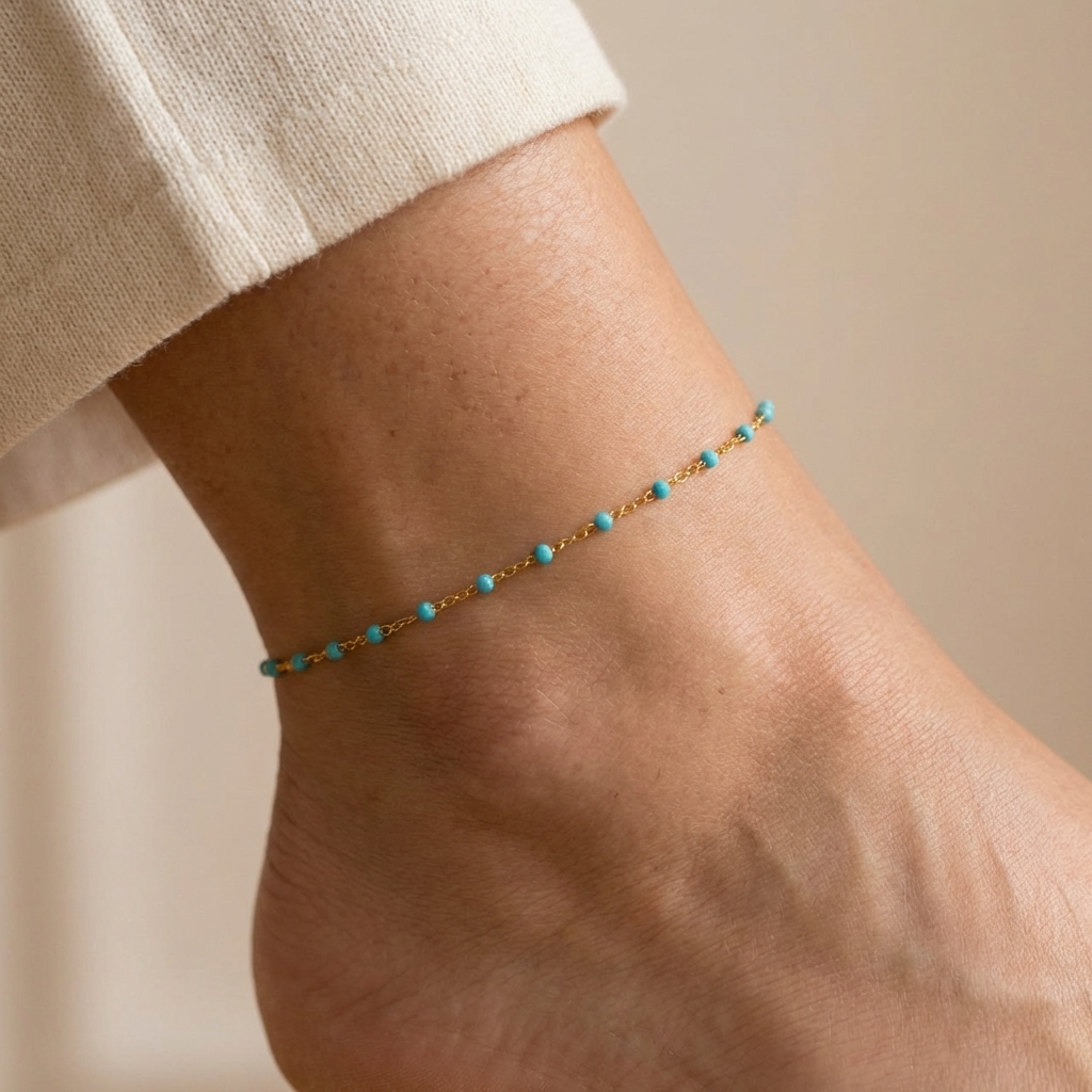 Damas Fino Pulsera de Pie con Pequeñas Perlas de Piedra y Cadena de Extensión