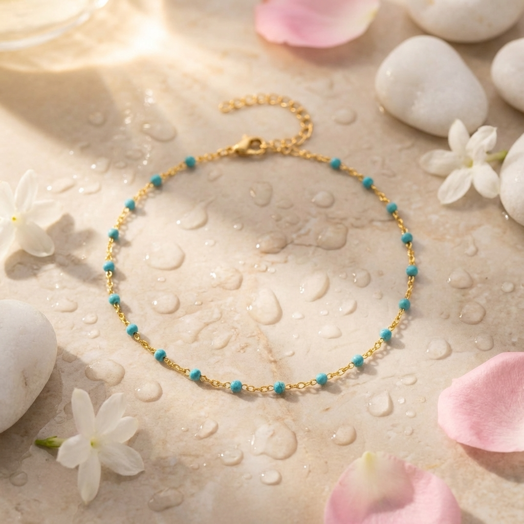 Damas Fino Pulsera de Pie con Pequeñas Perlas de Piedra y Cadena de Extensión
