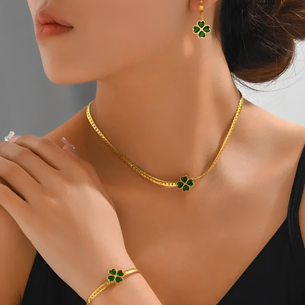 Conjunto de joyería de 3 piezas para mujeres con collar, pulsera y pendientes de trébol de 4 hojas