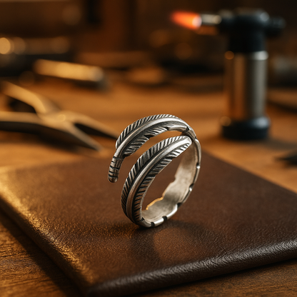 Reika – Anillo Retro Negro con Pluma Abierta