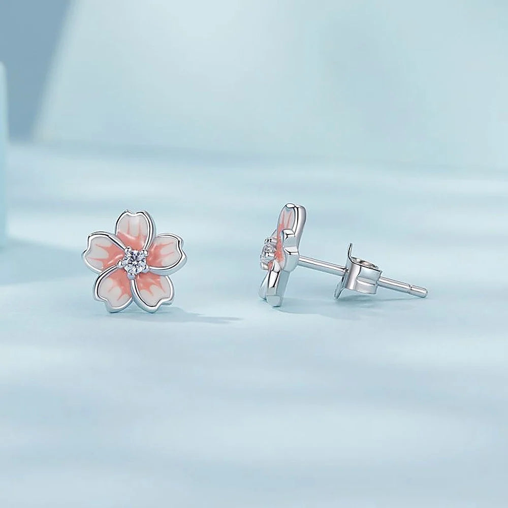 Damas Aretes de Flor de Cerezo con Degradado y Acentos de Piedra