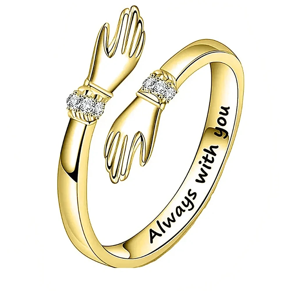 Damas Anillo Hug Ajustable con Motivo de Mano, Acentos de Piedra y Grabado