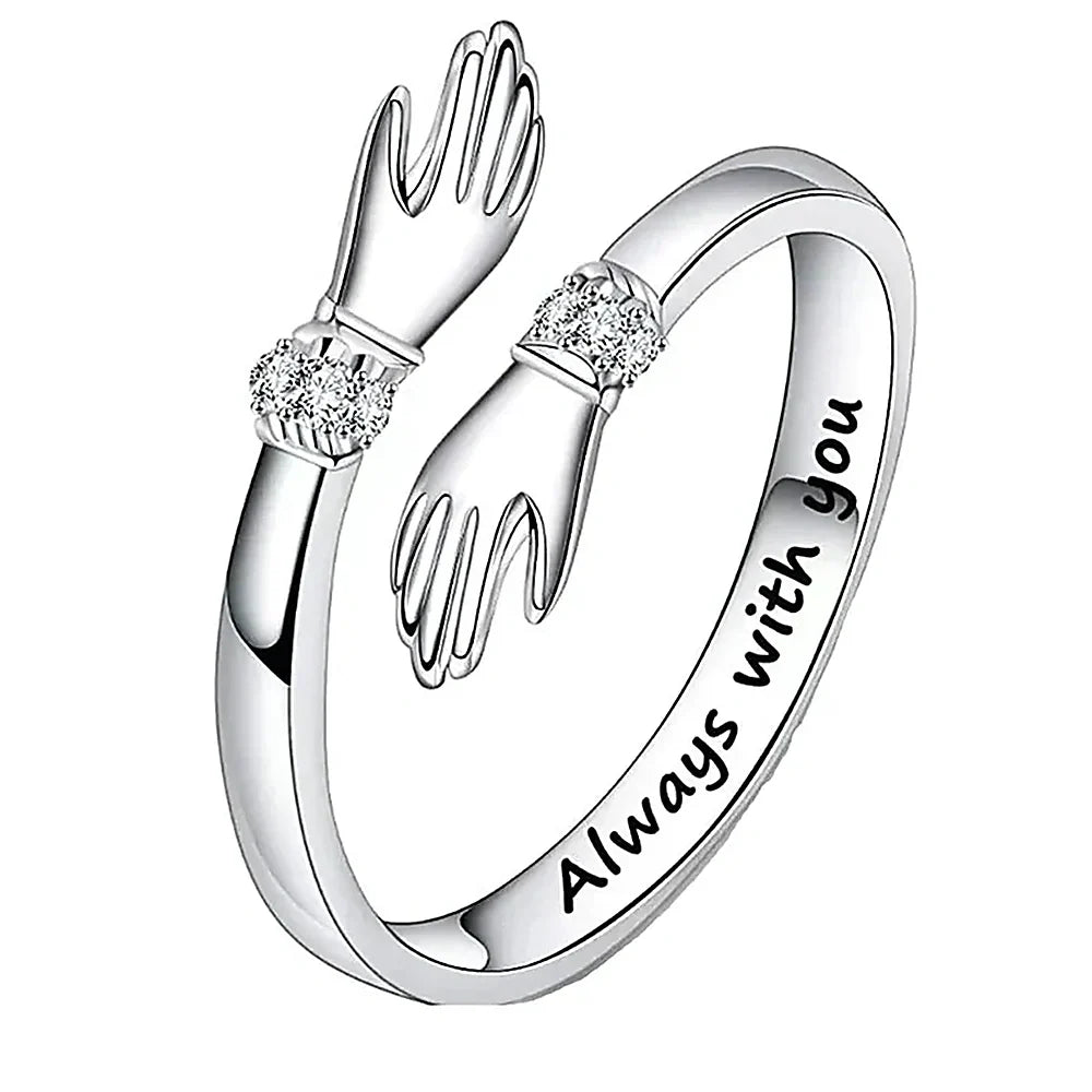 Damas Anillo Hug Ajustable con Motivo de Mano, Acentos de Piedra y Grabado