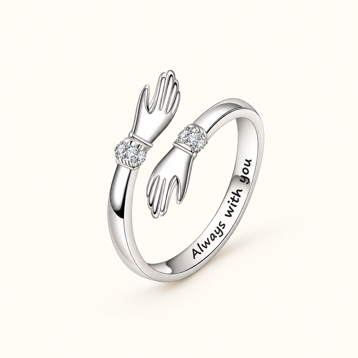 Damas Anillo Hug Ajustable con Motivo de Mano, Acentos de Piedra y Grabado