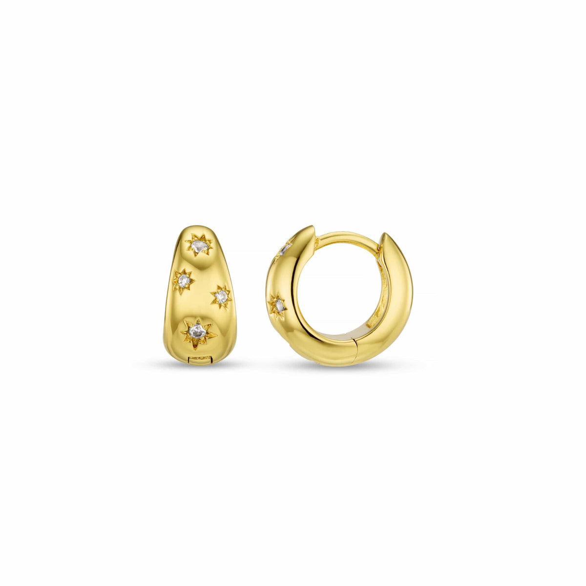 Aretes Huggie Dama con Grabado de Rayo de Estrella y Acentos de Piedra Clara