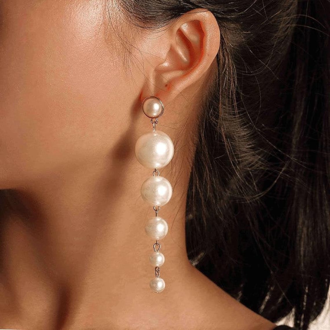 Pendientes de perlas en cascada - Pendientes largos de perlas