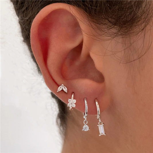 Set de pendientes de 4 piezas - Geometría de Marquise y flor de circonia