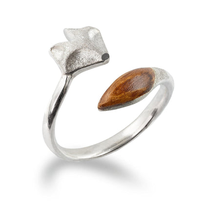 Anillo ajustable de zorro de madera - Anillo de cara de zorro de plata