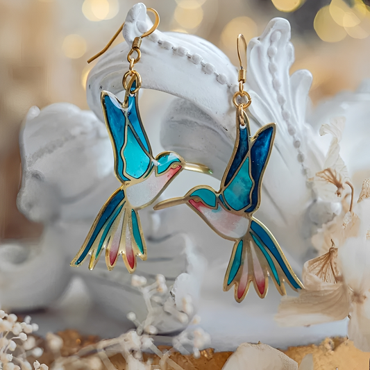 Amandine – Pendientes Vintage Colibrí Esmalte Azul