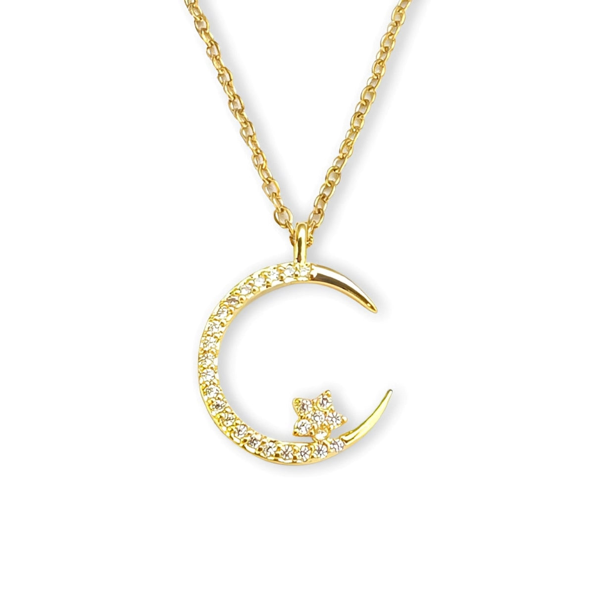 Collar de Mujer con Luna y Estrella con Colgante Curvado y Acentos de Piedra
