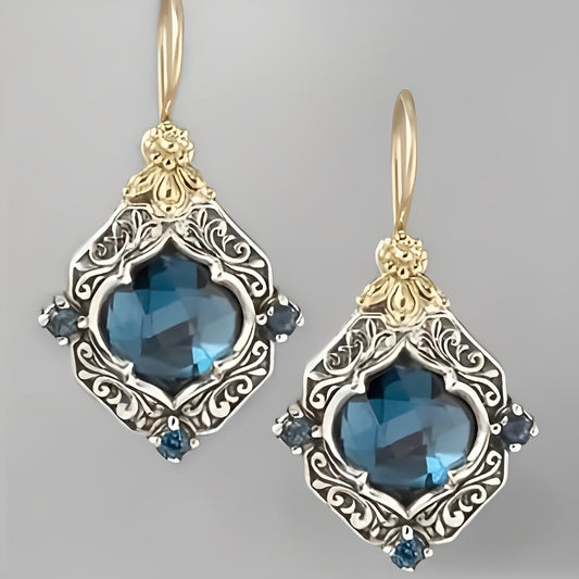 Estelle – Pendientes Vintage en Oro y Plata con Cristal Azul