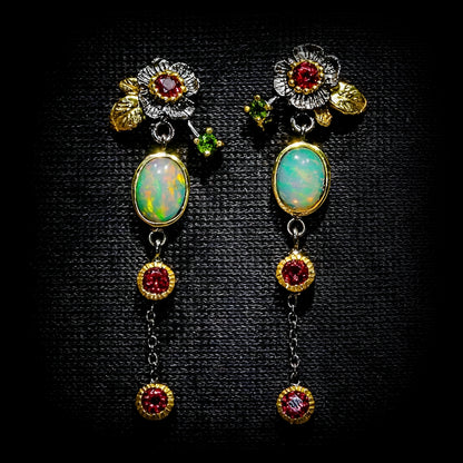 Yara – Pendientes Boho con Ópalo y Circonita Roja