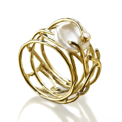 Elvyna – Anillo Fino Vintage Dorado y Perla