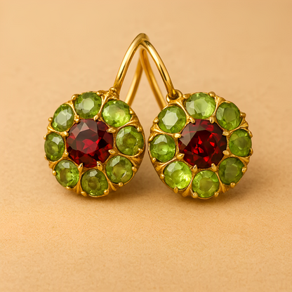 Selene – Pendientes Retro Redondos con Cristales Verdes y Rojos